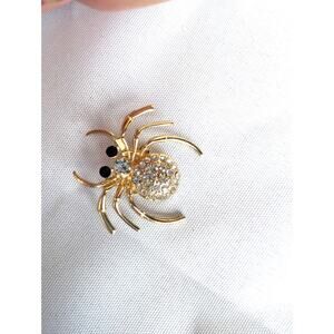 Gold Spider Rhinestone Brooch